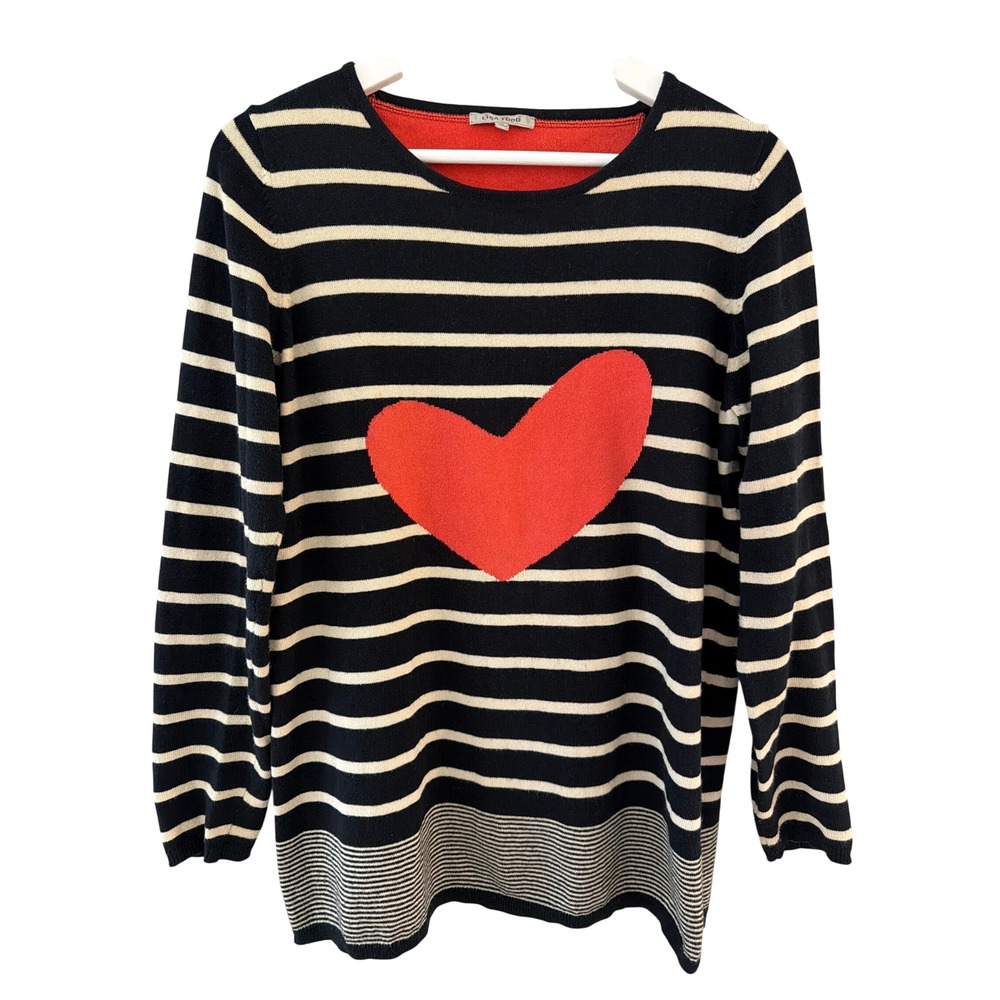 Lisa Todd Women Medium Navy Striped Heart Cotton Cashmere Blend Crew Sweater